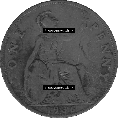 Alte Münze Großbritannien Umlaufmünze One Penny, 1 Pence 1928-1936, 1 One Penny, 1936-02 , George V. BM GEORGIVS V DEI GRABRITTOMNREX FIDDEFINDIMP Graustufen.... Sammlung