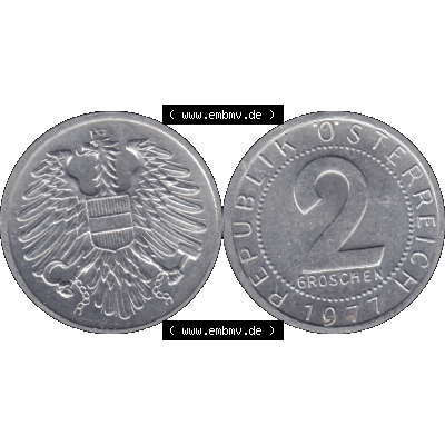 Alte Münze aus Österreich als PNG-Grafik 1950-1994, 2 Groschen 1977-01. Vorderseite und Rückseite der 2 Groschen Münze horizontal auf einen digitalen Bild der alten österreichischen... Sammlung