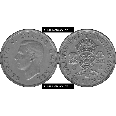 Alte Münze Großbritannien, Bild in s/w bzw. Graustufen PNG-Grafik, Umlaufmünze aus dem Zeitraum 1947-1948, 2 Schilling-Florin, Two Shillings, 1947-01,... Sammlung