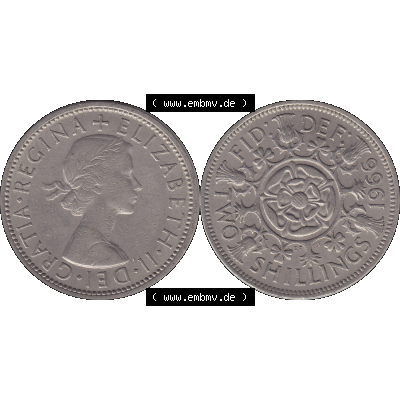 Alte Münze Großbritannien, Bild in Farbe bzw. Color PNG-Grafik, Umlaufmünze aus dem Zeitraum 1954-1970, 2 Schilling-Florin, Two Shillings, 1966-07 ELIZABETH... Sammlung