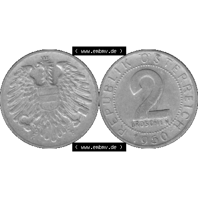 Alte Münze aus Österreich als PNG-Grafik 1950-1994, 2 Groschen 1950-01 Graustufen. Vorderseite und Rückseite der 2 Groschen Münze vertikal auf einen digitalen Graustufen... Sammlung