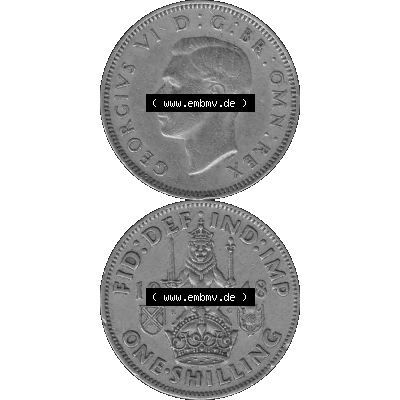 Alte Münze Großbritannien, Bild in s/w bzw. Graustufen PNG-Grafik 1947-1948, 1 One Schilling - One Shilling, 1948-10 Sitzender gekrönter Löwe auf Krone... Sammlung