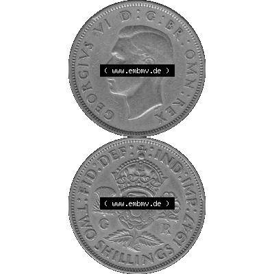 Alte Münze Großbritannien, Bild in s/w bzw. Graustufen PNG-Grafik, Umlaufmünze aus dem Zeitraum 1947-1948, 2 Schilling-Florin, Two Shillings, 1947-04,... Sammlung