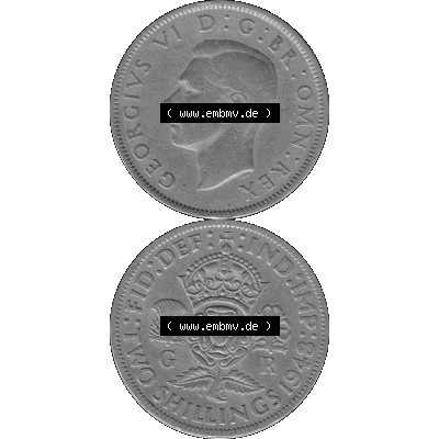 Alte Münze Großbritannien, Bild in s/w bzw. Graustufen PNG-Grafik, Umlaufmünze aus dem Zeitraum 1947-1948, 2 Schilling-Florin, Two Shillings, 1948-06,... Sammlung