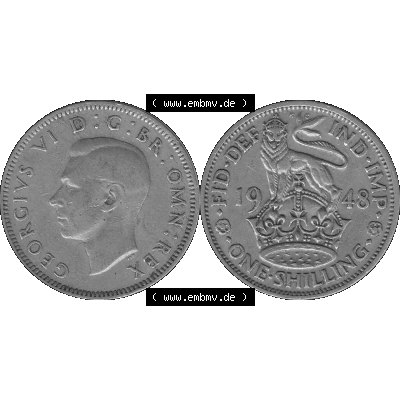 Alte Münze Großbritannien, Bild in s/w bzw. Graustufen PNG-Grafik 1947-1948, 1 One Schilling - One Shilling, 1948-08 Stehender gekrönter Löwe auf Krone... Sammlung