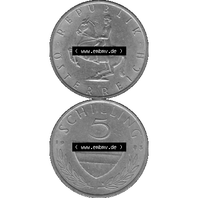 Alte Münze 5 / Fünf Schilling Österreich in s/w Schwarzweiß bzw. Graustufen Farbgebung von Scanner transparenten PNG 1968-2001, 5 Schilling 1983-01, Reiter... Sammlung