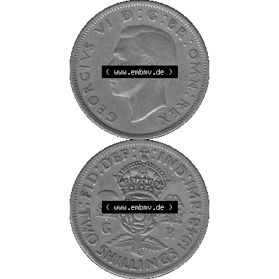 Alte Münze Großbritannien, Bild in s/w bzw. Graustufen PNG-Grafik, Umlaufmünze aus dem Zeitraum 1947-1948, 2 Schilling-Florin, Two Shillings, 1948-08,... Sammlung