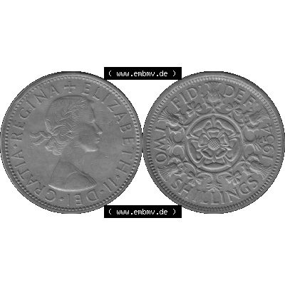 Alte Münze Großbritannien, Bild in s/w bzw. Graustufen PNG-Grafik, Umlaufmünze aus dem Zeitraum 1954-1970, 2 Schilling-Florin, Two Shillings, 1954-02... Sammlung