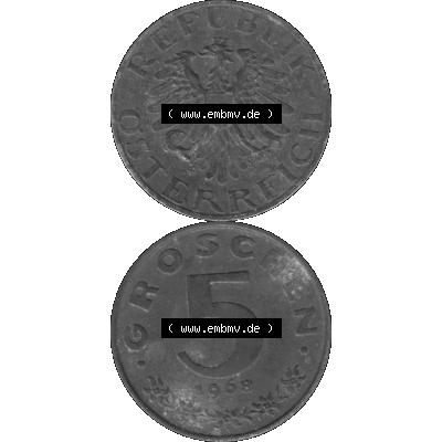 Alte Münzen Österreich 5 / Fünf Groschen in s/w / grau / Graustufen 1948-1994, 5 Groschen 1968-02 Graustufen. Vorderseite und Rückseite in Graustufen der... Sammlung