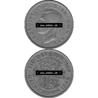 Alte Münze Großbritannien, Bild in s/w bzw. Graustufen PNG-Grafik 1947-1948, Halbe - 1/2 Krone, Half Crown 1948-01, George VI, FID DEF IND IMP HALF... Sammlung