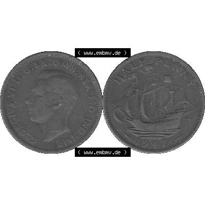 Alte Münze Großbritannien Umlaufmünze Half Penny 1937-1948, Half Penny 1947-01, George VI. GEORGIVS VI D-G-BR-OMN-REX F-D-IND-IMP.HP Graustufen. Vorderseite... Sammlung