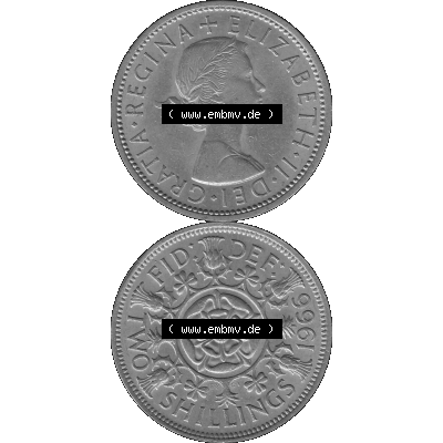 Alte Münze Großbritannien, Bild in s/w bzw. Graustufen PNG-Grafik, Umlaufmünze aus dem Zeitraum 1954-1970, 2 Schilling-Florin, Two Shillings, 1966-01... Sammlung