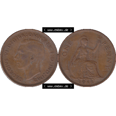 Alte Münzen Großbritannien Umlaufmünze 1937-1948, 1 One Penny 1945-01, George VI, GEORGIVS VI DGBROMNREX FDINDIMP. HP. Vorderseite und Rückseite der... Sammlung