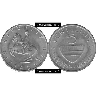 Alte Münze 5 / Fünf Schilling Österreich in s/w Schwarzweiß bzw. Graustufen Farbgebung von Scanner transparenten PNG 1968-2001, 5 Schilling 1987-02, Reiter... Sammlung