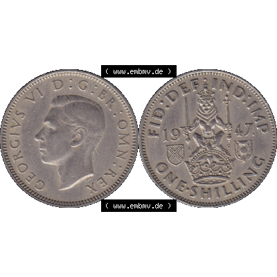 Alte Münze Großbritannien, Bild in Farbe bzw. Color PNG-Grafik 1947-1948, 1 One Schilling - One Shilling, 1947-01 Sitzender gekrönter Löwe auf Krone.... Sammlung