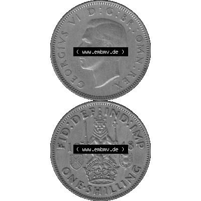 Alte Münze Großbritannien, Bild in s/w bzw. Graustufen PNG-Grafik 1947-1948, 1 One Schilling - One Shilling, 1948-01 Sitzender gekrönter Löwe auf Krone... Sammlung
