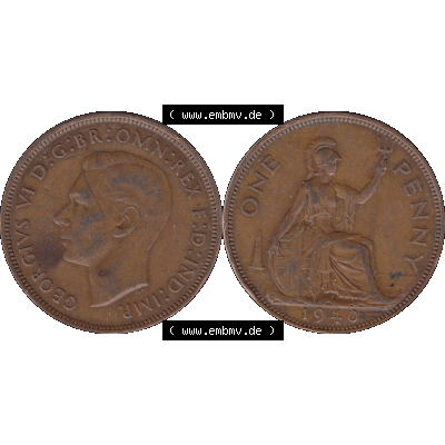 Alte Münzen Großbritannien Umlaufmünze 1937-1948, 1 One Penny 1940-01, George VI, GEORGIVS VI DGBROMNREX FDINDIMP. HP. Vorderseite und Rückseite der... Sammlung