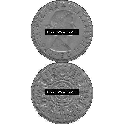 Alte Münze Großbritannien, Bild in s/w bzw. Graustufen PNG-Grafik, Umlaufmünze aus dem Zeitraum 1954-1970, 2 Schilling-Florin, Two Shillings, 1963-01... Sammlung