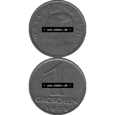 Alte Münze 1 / Ein Groschen Österreich in s/w Schwarzweiß bzw. Graustufen Farbgebung von Scanner transparenten PNG 1925-1938, 1-Ein Groschen, Adlerkopf mit Mauerkrone... Sammlung