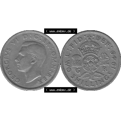 Alte Münze Großbritannien, Bild in s/w bzw. Graustufen PNG-Grafik, Umlaufmünze aus dem Zeitraum 1949-1951, 2 Schilling-Florin, Two Shillings, 1949-04,... Sammlung