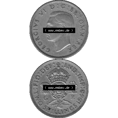 Alte Münze Großbritannien, Bild in s/w bzw. Graustufen PNG-Grafik, Umlaufmünze aus dem Zeitraum 1947-1948, 2 Schilling-Florin, Two Shillings, 1948-04,... Sammlung