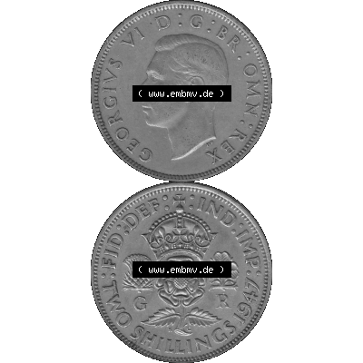 Alte Münze Großbritannien, Bild in s/w bzw. Graustufen PNG-Grafik, Umlaufmünze aus dem Zeitraum 1947-1948, 2 Schilling-Florin, Two Shillings, 1947-01,... Sammlung