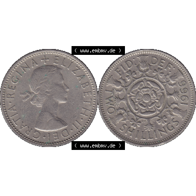 Alte Münze Großbritannien, Bild in Farbe bzw. Color PNG-Grafik, Umlaufmünze aus dem Zeitraum 1954-1970, 2 Schilling-Florin, Two Shillings, 1966-03 ELIZABETH... Sammlung