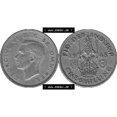 Alte Münze Großbritannien, Bild in s/w bzw. Graustufen PNG-Grafik 1947-1948, 1 One Schilling - One Shilling, 1948-02 Sitzender gekrönter Löwe auf Krone... Sammlung