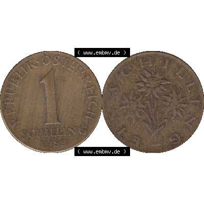 Alte Münzen Österreich 1 / Ein Schilling 1959-2001, 1 Schilling 1959-01, Ein Shilling Edelweiß. Vorderseite und Rückseite der 1 / Ein Schilling Münze... Sammlung