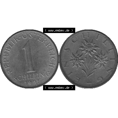 Alte Münzen Österreich 1 / Ein Schilling in Graustufen 1959-2001, 1 Schilling 1991-01 Graustufen. Vorderseite und Rückseite der Österreich Zweite Republik 1 / Ein... Sammlung