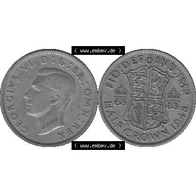 Alte Münze Großbritannien, Bild in s/w bzw. Graustufen PNG-Grafik 1947-1948, Halbe - 1/2 Krone, Half Crown 1948-01, George VI, FID DEF IND IMP HALF... Sammlung