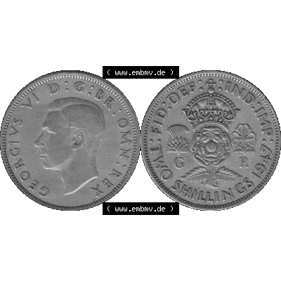 Alte Münze Großbritannien, Bild in s/w bzw. Graustufen PNG-Grafik, Umlaufmünze aus dem Zeitraum 1947-1948, 2 Schilling-Florin, Two Shillings, 1947-02,... Sammlung