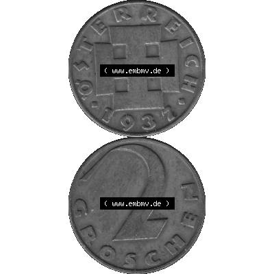 Alte Münze 2 / Zwei Groschen Österreich in s/w Schwarzweiß bzw. Graustufen Farbgebung von Scanner transparenten PNG 1925-1938, 2 Zwei Groschen, Krückenkreuz... Sammlung