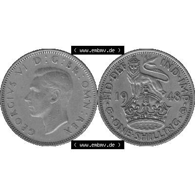 Alte Münze Großbritannien, Bild in s/w bzw. Graustufen PNG-Grafik 1947-1948, 1 One Schilling - One Shilling, 1948-07 Stehender gekrönter Löwe auf Krone... Sammlung
