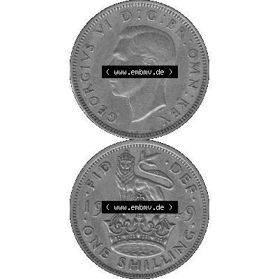 Alte Münze Großbritannien, Bild in s/w bzw. Graustufen PNG-Grafik 1949-1951, 1 One Schilling - One Shilling, 1949-01 Stehender gekrönter Löwe auf Krone... Sammlung