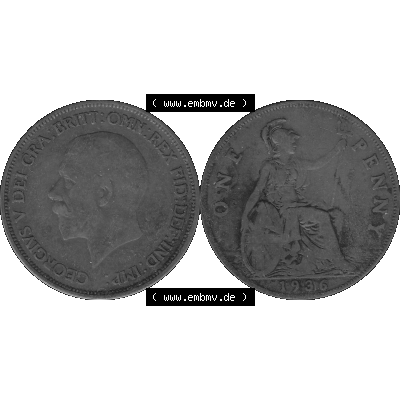 Alte Münze Großbritannien Umlaufmünze One Penny, 1 Pence 1928-1936, 1 One Penny, 1936-02 , George V. BM GEORGIVS V DEI GRABRITTOMNREX FIDDEFINDIMP Graustufen.... Sammlung