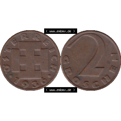 Alte Münze 2 / Zwei Groschen Österreich in original Farbgebung von Scanner transparenten PNG 1925-1938, 2 Zwei Groschen, Krückenkreuz 1936-03. Vorderseite und Rückseite... Sammlung