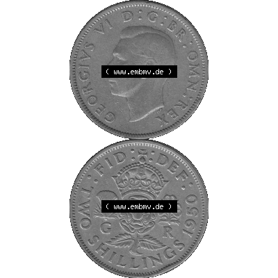 Alte Münze Großbritannien, Bild in s/w bzw. Graustufen PNG-Grafik, Umlaufmünze aus dem Zeitraum 1949-1951, 2 Schilling-Florin, Two Shillings, 1950-01,... Sammlung