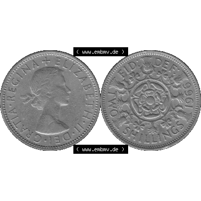 Alte Münze Großbritannien, Bild in s/w bzw. Graustufen PNG-Grafik, Umlaufmünze aus dem Zeitraum 1954-1970, 2 Schilling-Florin, Two Shillings, 1966-03... Sammlung