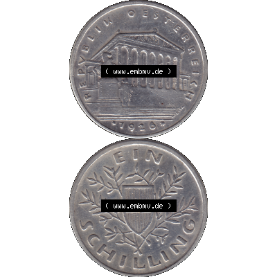 Alte Münzen Österreich Ein - 1 Schilling 1925-1932, 1 Schilling 1926-01 Silbermünze Parlamentsgebäude in Wien, Bindenschild 6 Gramm 640er Silber. Vorderseite und... Sammlung