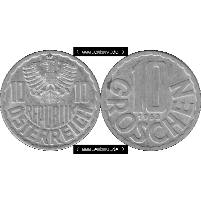 Alte Münze 10 / Zehn Groschen Österreich in s/w Schwarzweiß bzw. Graustufen Farbgebung von Scanner transparenten PNG 1951-2001, 10 Groschen 1963-01 Graustufen.... Sammlung