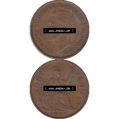 Alte Münzen Großbritannien Umlaufmünze 1937-1948, 1 One Penny 1945-01, George VI, GEORGIVS VI DGBROMNREX FDINDIMP. HP. Vorderseite und Rückseite der... Sammlung