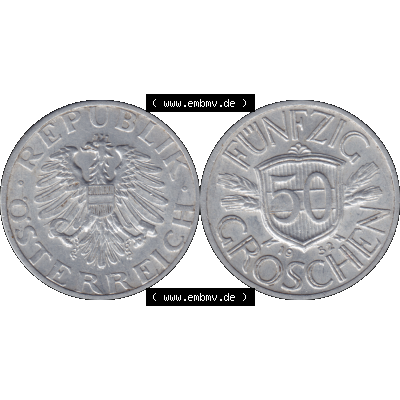Alte Münze aus Österreich als PNG-Grafik 1946-1955, 50 Groschen 1952-01. Vorderseite und Rückseite der 50 Groschen Münze horizontal auf einen digitalen Bild der alten österreichischen... Sammlung