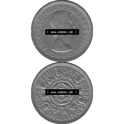 Alte Münze Großbritannien, Bild in s/w bzw. Graustufen PNG-Grafik, Umlaufmünze aus dem Zeitraum 1954-1970, 2 Schilling-Florin, Two Shillings, 1966-04... Sammlung
