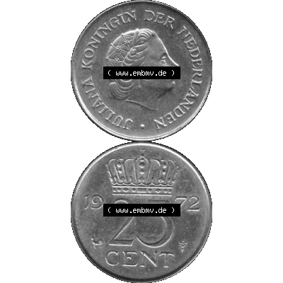 Alte Münze Niederlande in Grau 1950-1980, 25 Cent Königin Juliana 1972-01 Graustufen. Vorderseite und Rückseite vertikal auf einen digitalen in grau / Graustufen umgewandeltes... Sammlung