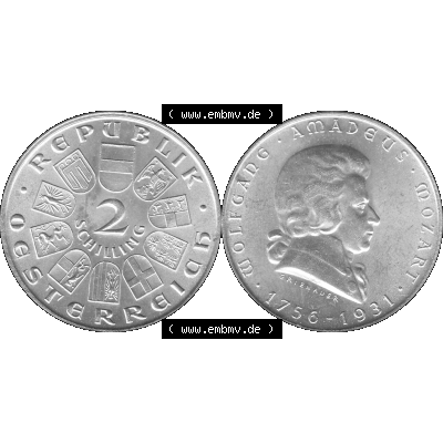 Alte Münze Österreich 1931-1931, 2 Schilling 1931-01, Silbermünze Wolfgang Amadeus Mozart Graustufen. Vorderseite und Rückseite der Österreich Erste Republik... Sammlung