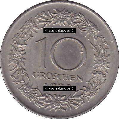 Alte Münze 10 / Zehn Groschen Österreich in original Farbgebung von Scanner transparenten PNG 1925-1929, 10 Groschen 1928-01, VS Triolerien, RS Wert mit Kranz. Rückseite... Sammlung