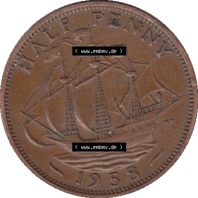 Alte Münze Großbritannien Umlaufmünze Half Penny, 1/2 Pence 1954-1970, Half Penny, Halber Pence 1958-01, Elisabeth II. - Schriftzug ELIZABETH II DEI GRATIA... Sammlung