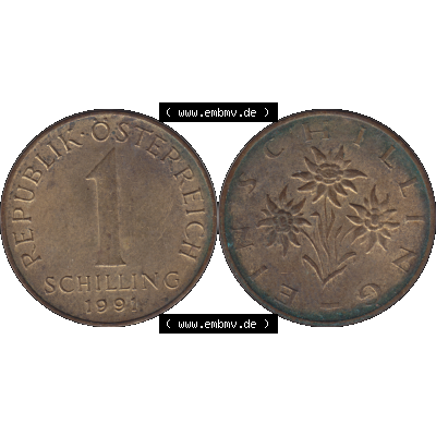Alte Münzen Österreich 1 / Ein Schilling 1959-2001, 1 Schilling 1991-02. Vorderseite und Rückseite der 1 Schilling Münze aus dem Zeitraum 1959-2001 aus Österreich... Sammlung