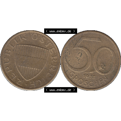 Alte Münze 50 / Fünfzig Groschen Österreich in original Farbgebung von Scanner transparenten PNG 1959-2001, 50 Groschen 1975-01, Bindenschild. Vorderseite und Rückseite... Sammlung